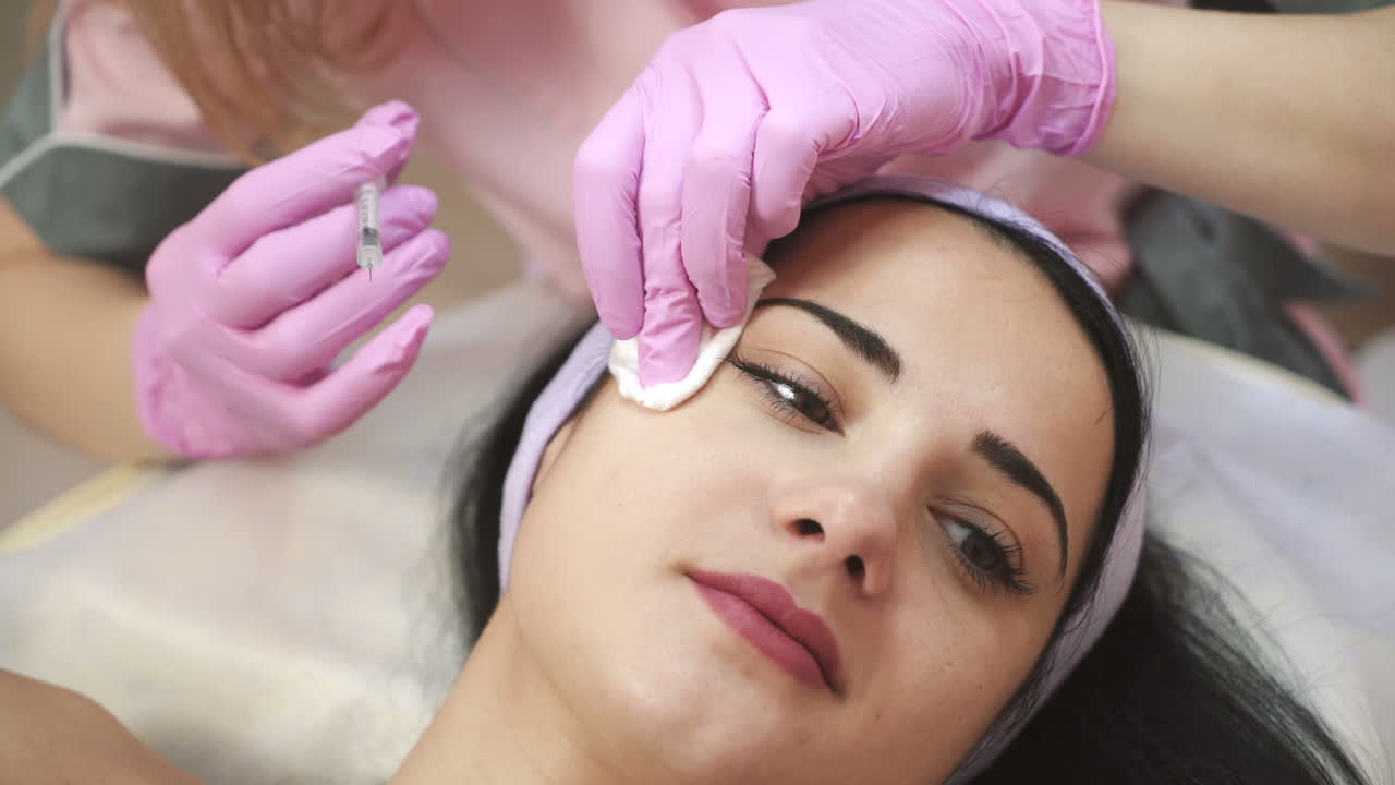 Young pretty woman receiving treatments in beauty salons. Young beautiful dark-haired woman in the office beautician lying on the couch. Contouring procedure , revitalization. Beauty injections .