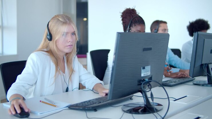 Rij callcentermedewerkers gebruikt computers.