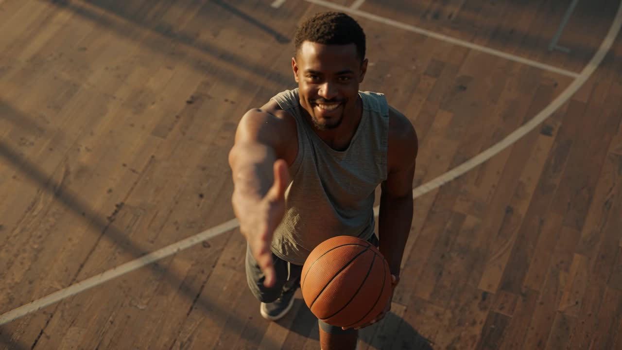 Kolsuz bir üst giyen, uzanan adam, açık hava sahasında basketbol topu tutarak yukarıdaki kameraya tepki veriyor.