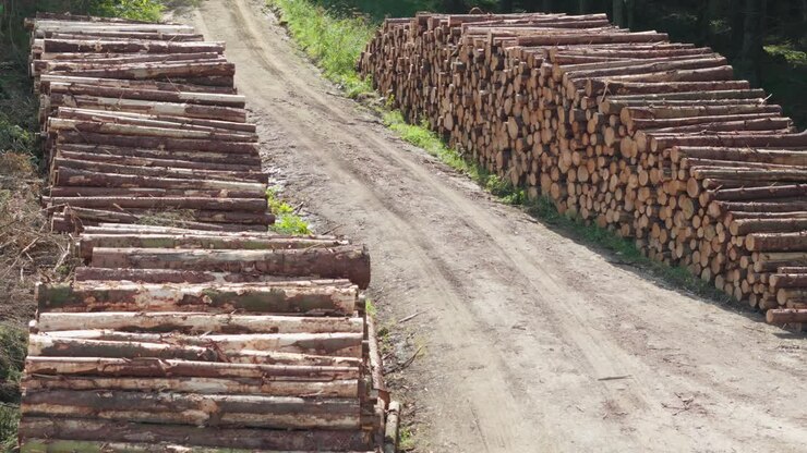 aerial, bird's eye view drone footage of cut and stacked trees, deforestation in a forest with cut down trees