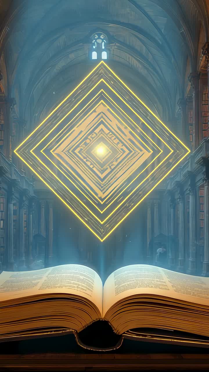 Vertical video: Outline emerging above open book in library hall expanding into glowing diamond