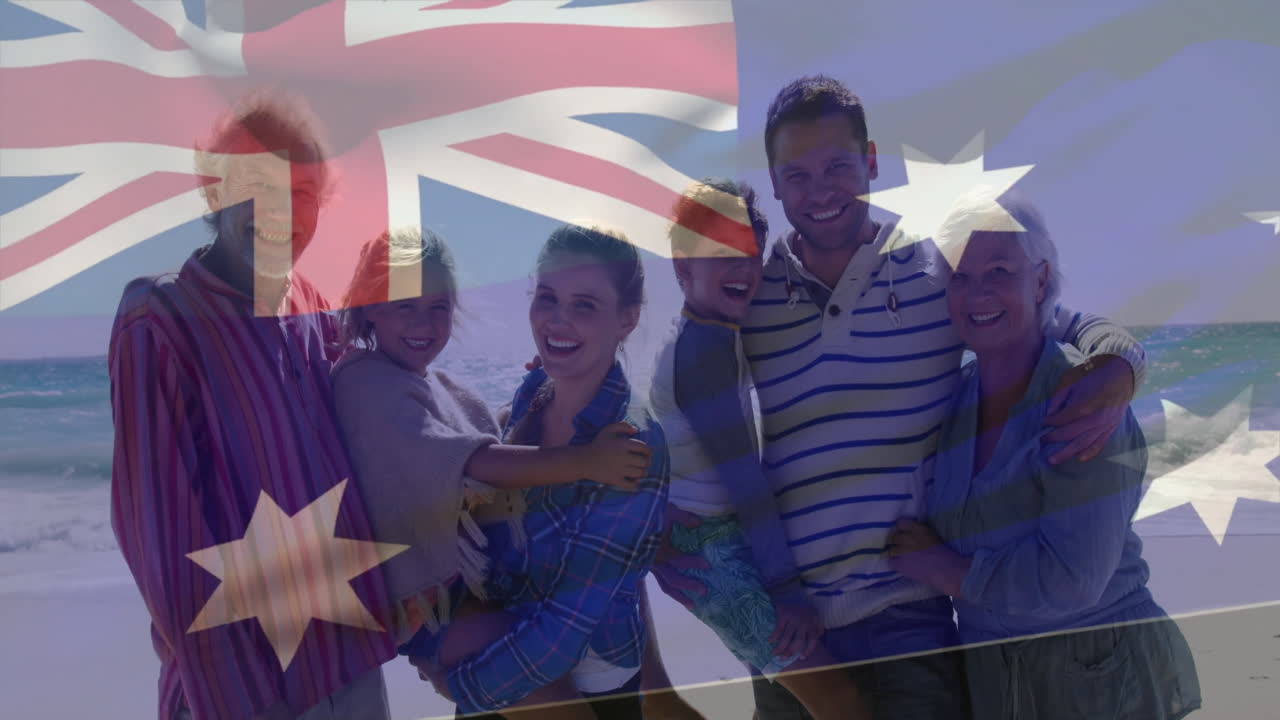 Posing on beach, family with Australian flag animation in background