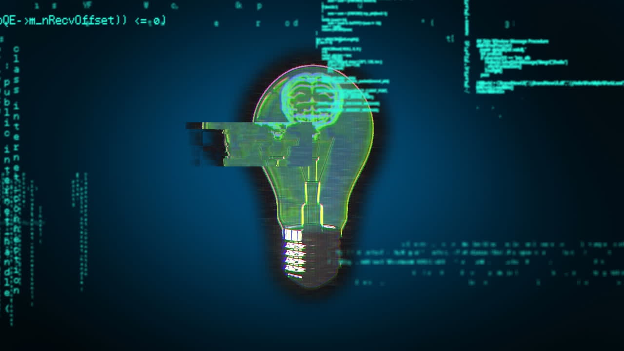 Bulb icon with glitch effect against data processing on blue background