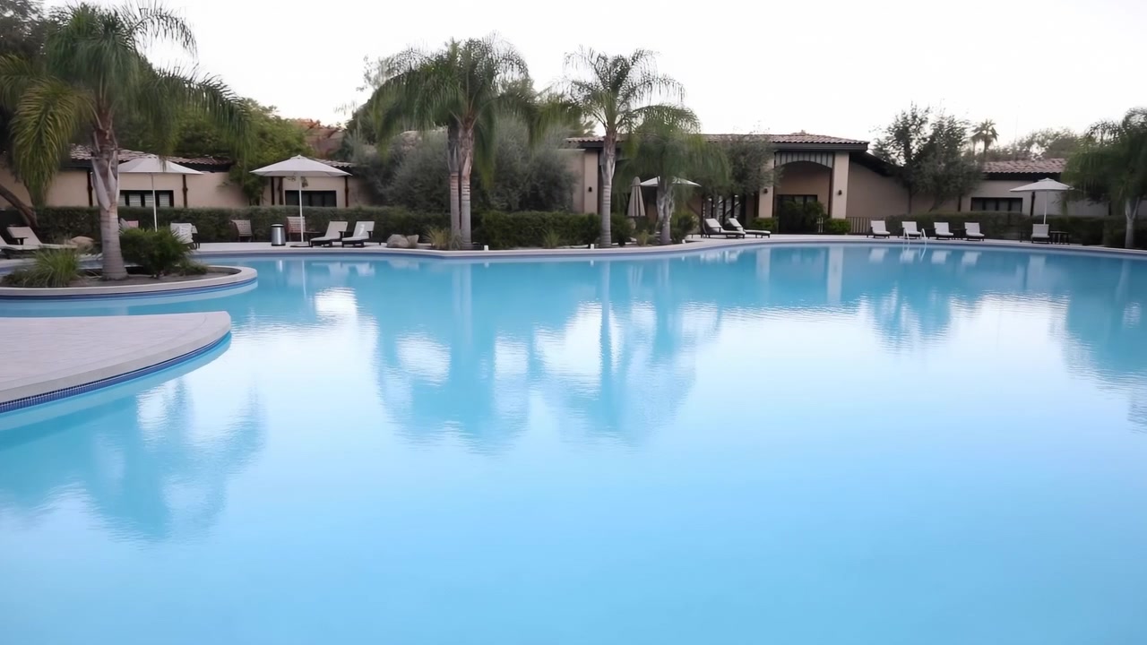 Wide shot of large curving outdoor resort pool showing calm aqua water with gentle ripples and softened reflections of palm trunks, umbrellas, and nearby low stucco buildings, central circular