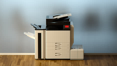 Printer-in-the-modern-office-brakes-down,-throwing-papers-all-around.-Red-error-warning-flashing-on-a-display.-Silhouettes-of-office-workers-at-background.-Failure,-breakdown,-laser-xerox-virus.