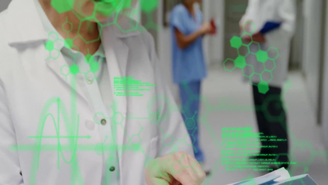 Animation of data processing with chemical formula over diverse doctors in hospital