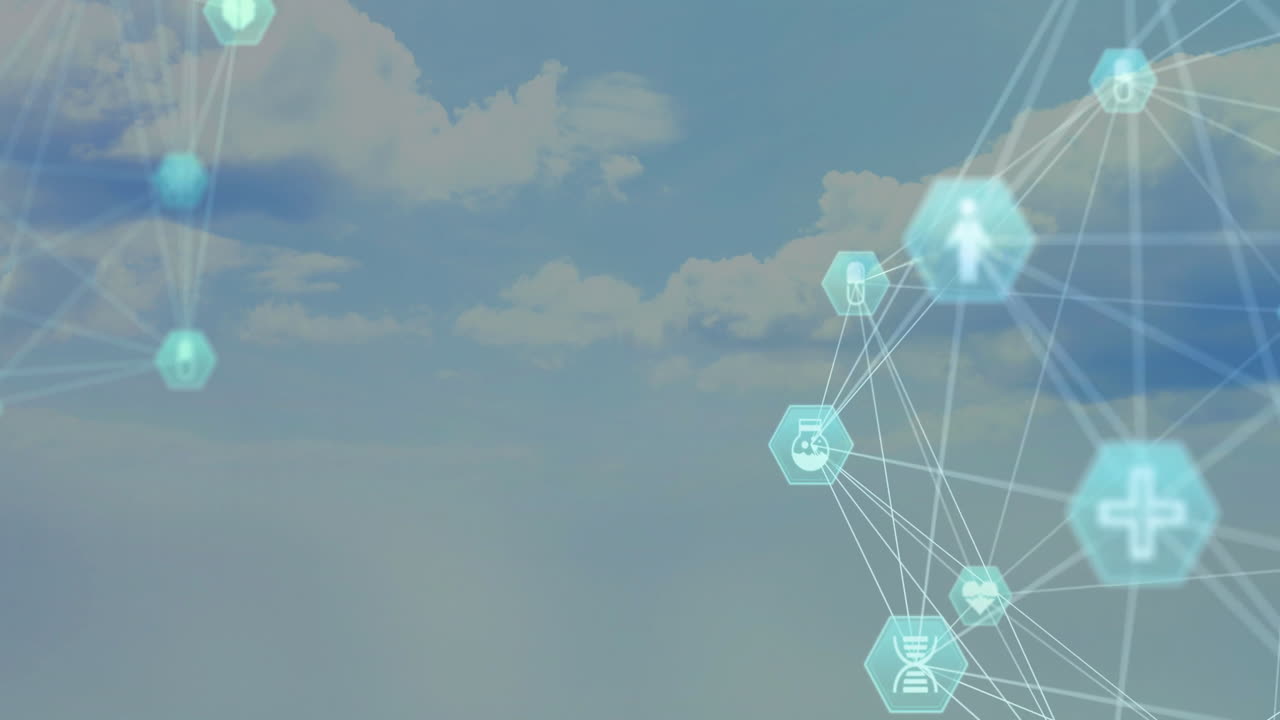 연결 네트워크 및 데이터 처리의 애니메이션 구름 하늘을 통해