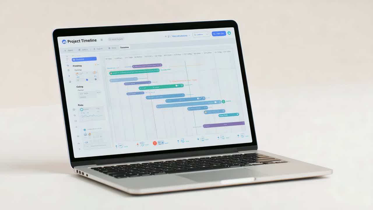 Camera zooming closer to silver laptop on pale studio desk, showing Gantt chart, keyboard, trackpad