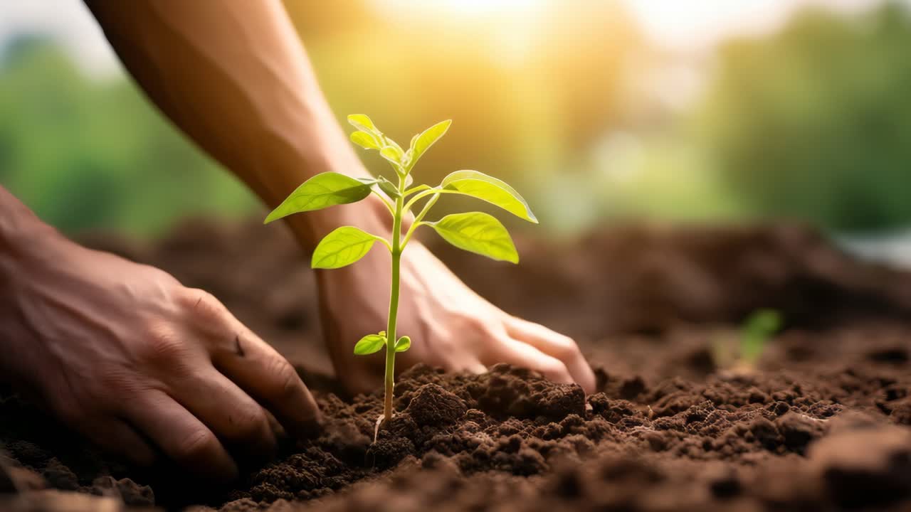 Close-up video shot of hands planting a young seedling in rich soil, capturing the essence of growth