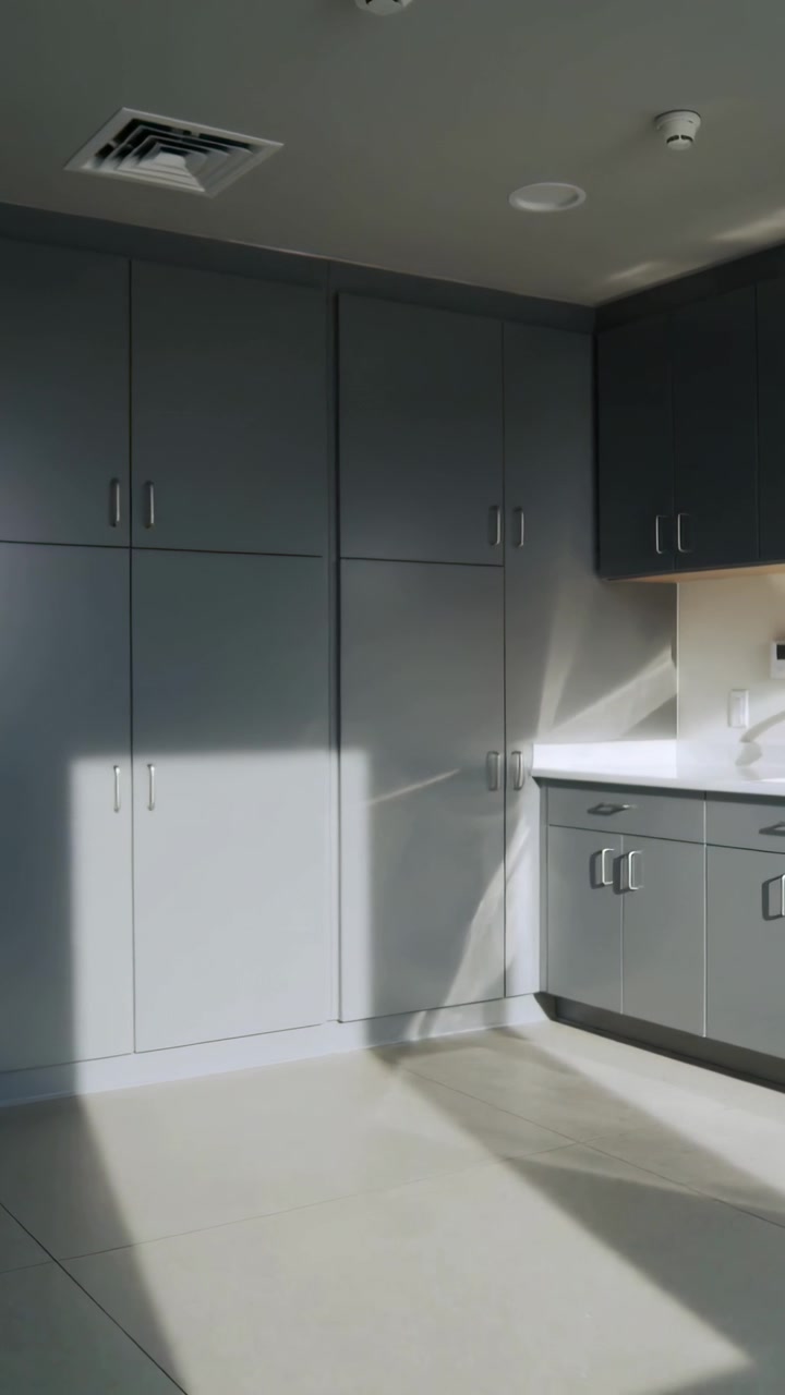 Vertical video: Sunlight hitting gray cabinets sliding while phone moving in kitchen revealing sink