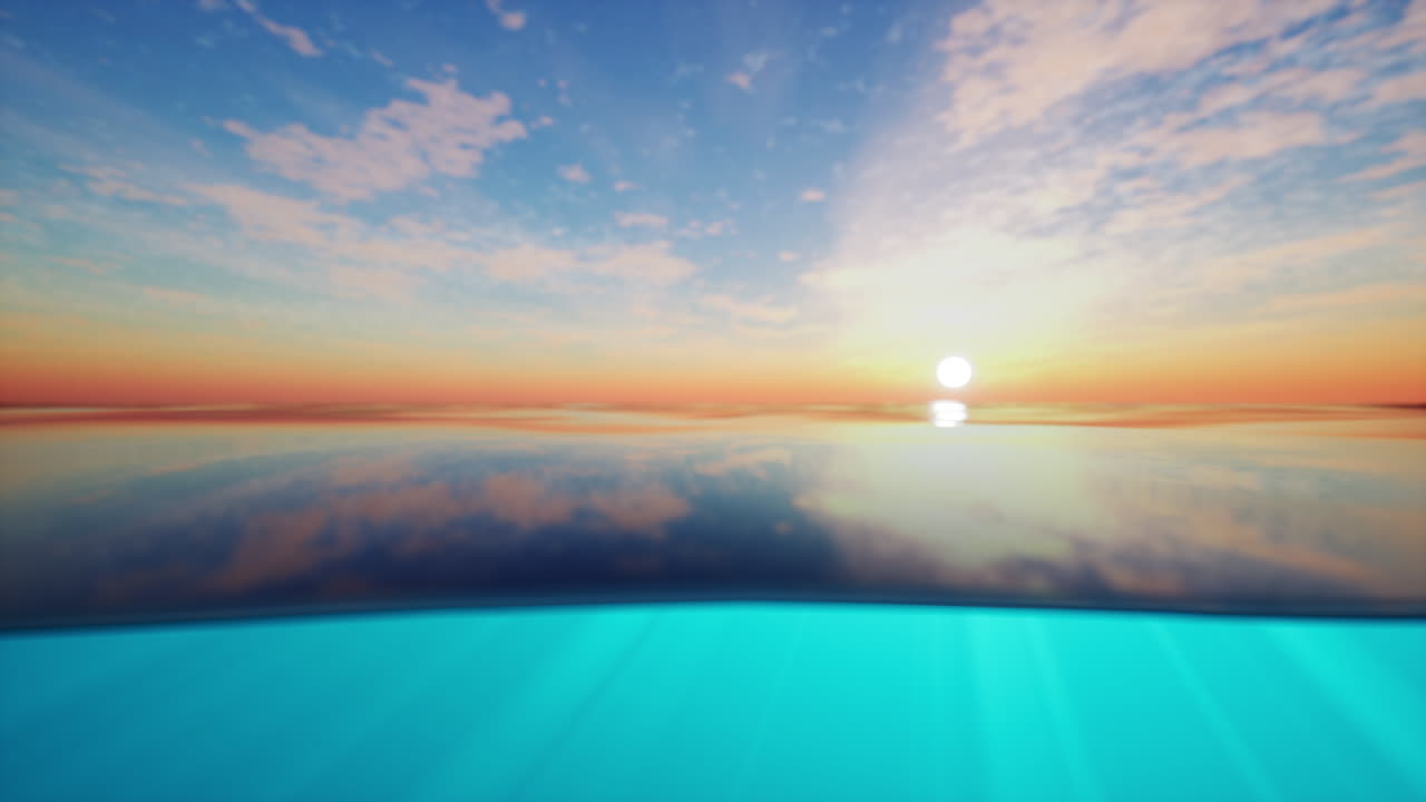 해저의 전망과 함께 바다 위의 해가 지는 모습