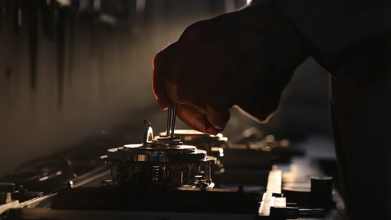 Artisan's hand precisely assembling a delicate watch mechanism with tweezers