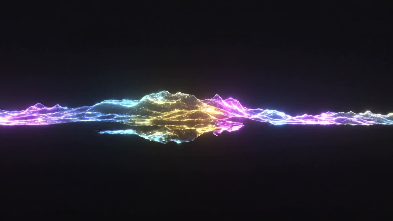 Pulsing neon ridge growing from central swell in dark void, showing color bands and reflection