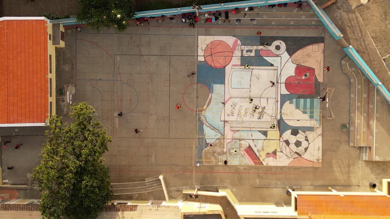 Children Playing Soccer at School in Cape Verde, Africa - Bird's Eye View