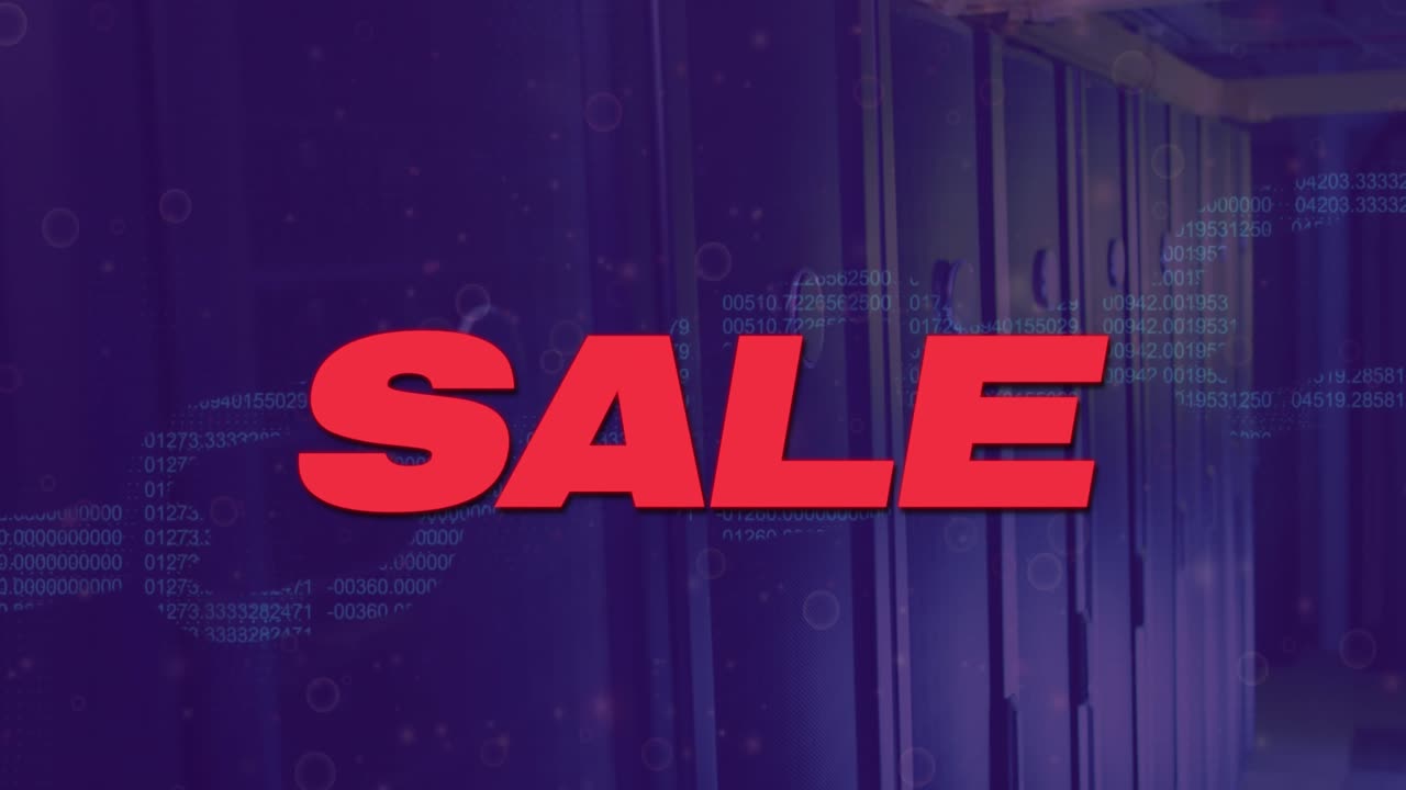 Animation of sale text banner and security chain icon against computer server room