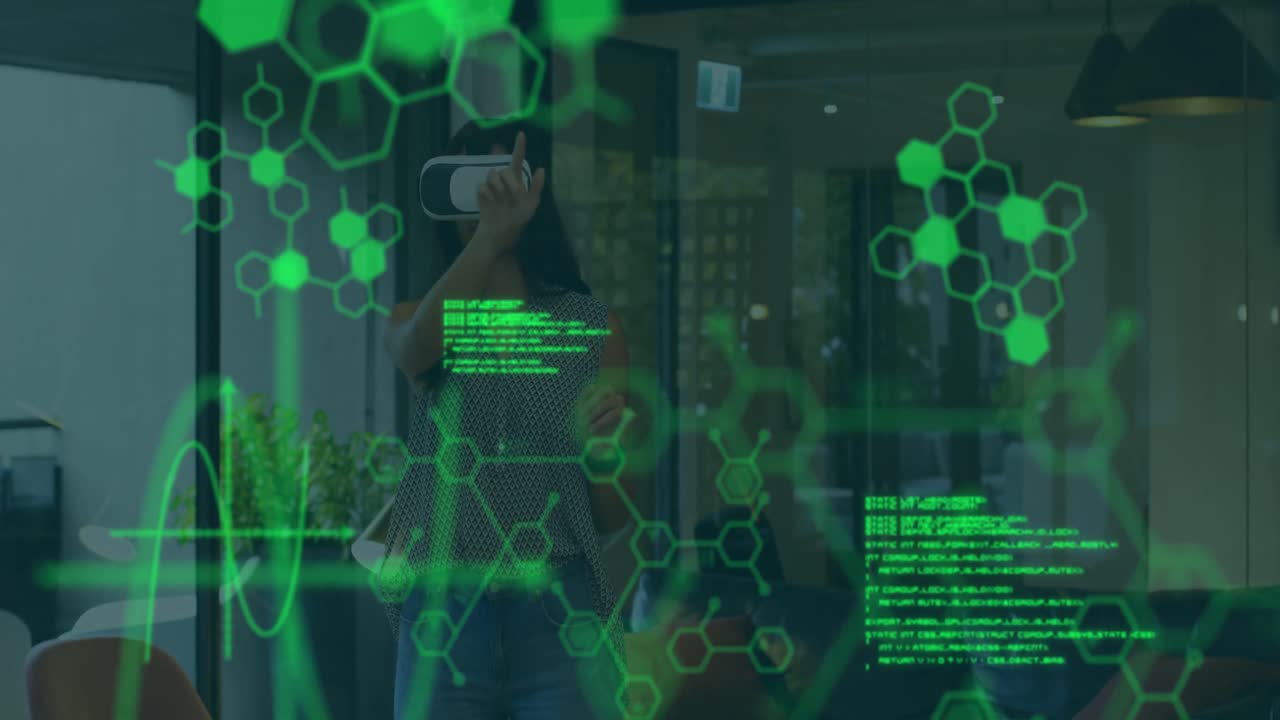 사무실에서 vr 헤드 ⁇ 을 착용하는 백인 여성에 대한 과학적 데이터의 애니메이션