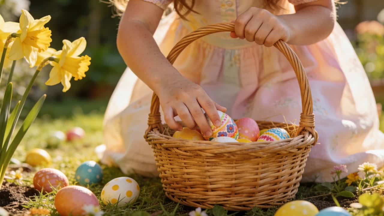 Reaching child in pastel dress picking up and placing painted eggs in garden, filling wicker basket