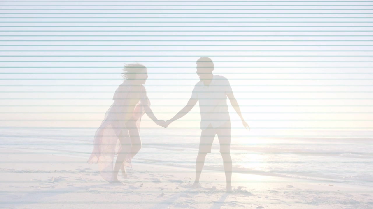 Couple holding hands coming close turning walking shore striped overlay crossing couple for travel