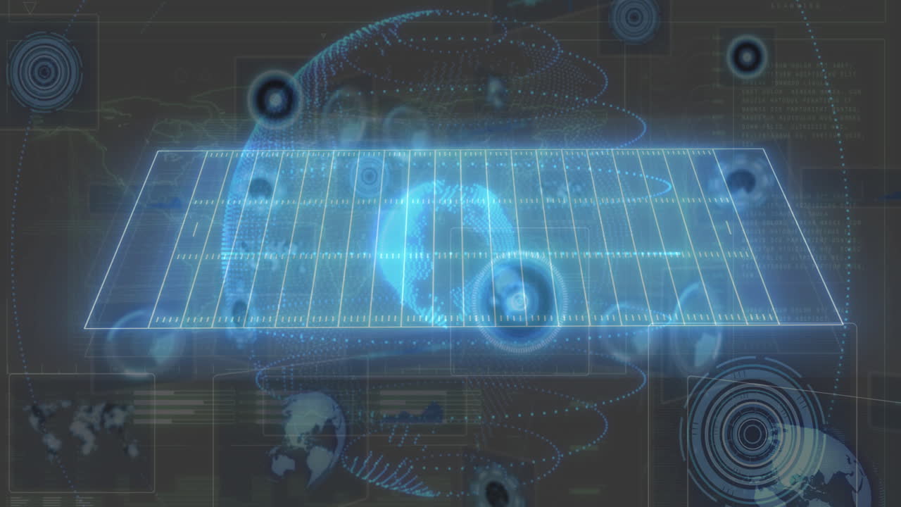 Animation of holographic grid with circular data elements on futuristic interface