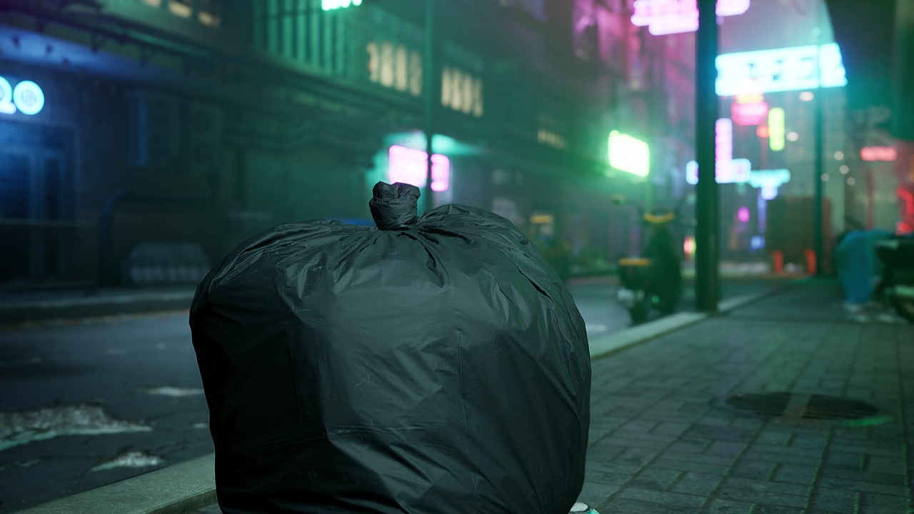 어고 네온빛으로 조명된 사이버 크 도시에서 쓰레기 봉투가 보행자 길에 앉아 있습니다.
