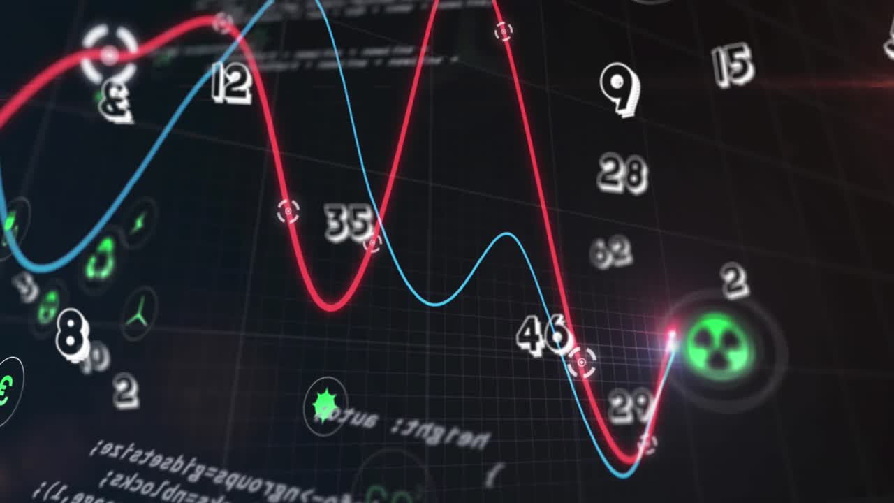 Animering av skiftande siffror, digitala ikoner och databehandling mot svart bakgrund