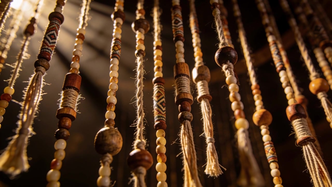 Swaying beaded curtain reacting to breeze and camera move at doorway, with wooden beads and tassels