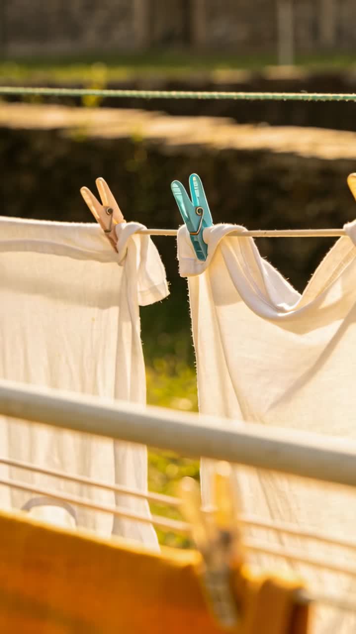Vertical video: Breeze causing white laundry fluttering on line in yard, moving wooden teal clips