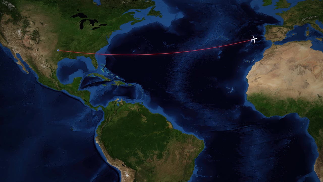 Satellite view animation tracks an airplane flying from Dallas to Lisbon across the Atlantic