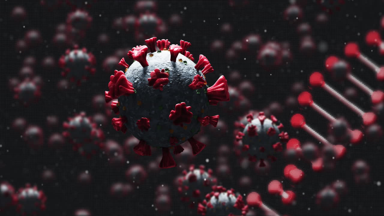 animación de la cadena de adn girando sobre las células de covid 19 que caen en un fondo oscuro