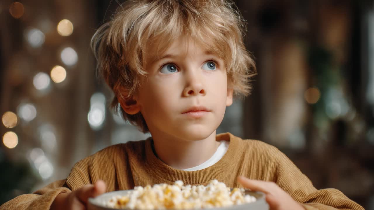 Un ragazzino con i capelli ricci spera di godersi un'esperienza cinematografica piacevole, mentre tiene in mano una ciotola di popcorn sotto una luce soffusa che crea un'atmosfera accogliente