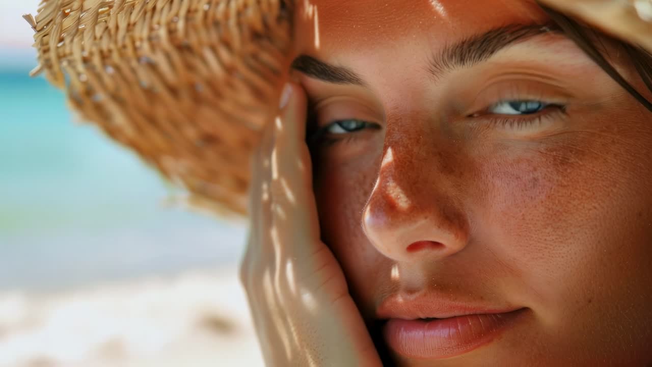 Ripresa video ravvicinata di una donna con un cappello di paglia su una spiaggia assolata.