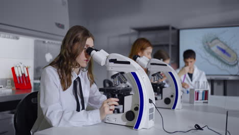 estudiantes usando microscopios en un laboratorio de ciencias