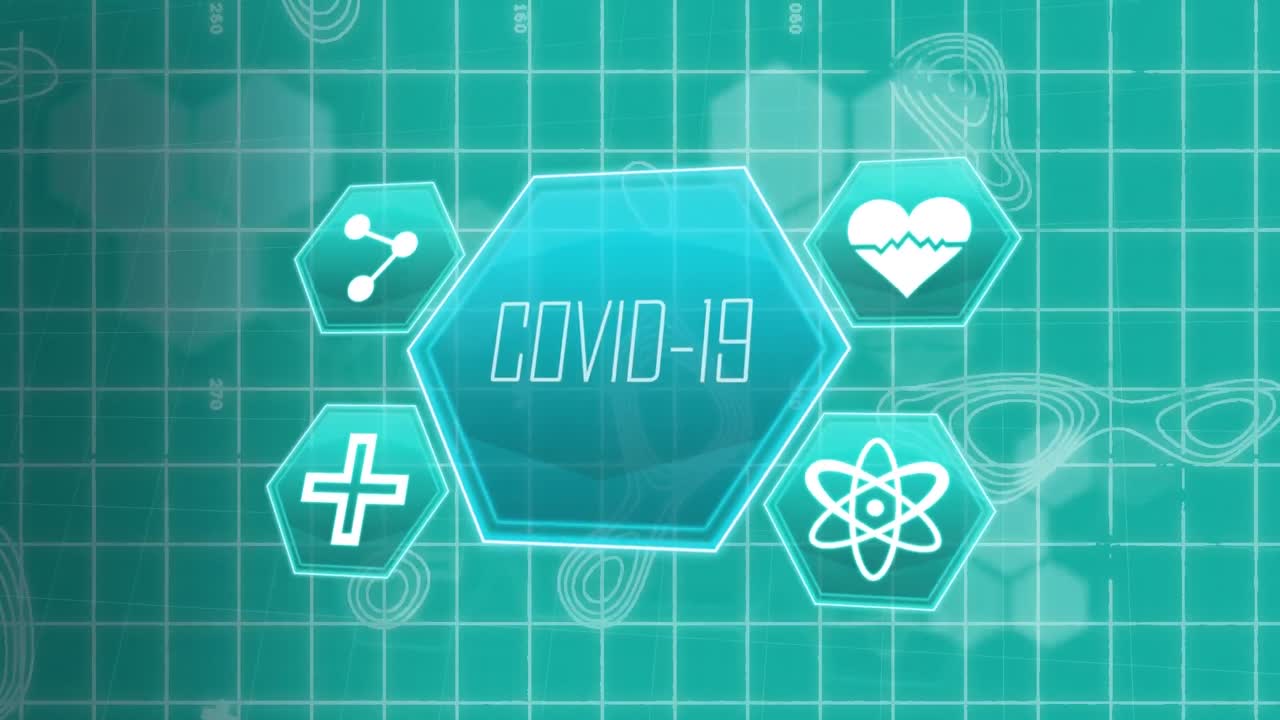 ⁇ 색 그리드 위에 파란색 의료 아이콘의 애니메이션과 움직이는  ⁇ 색 선