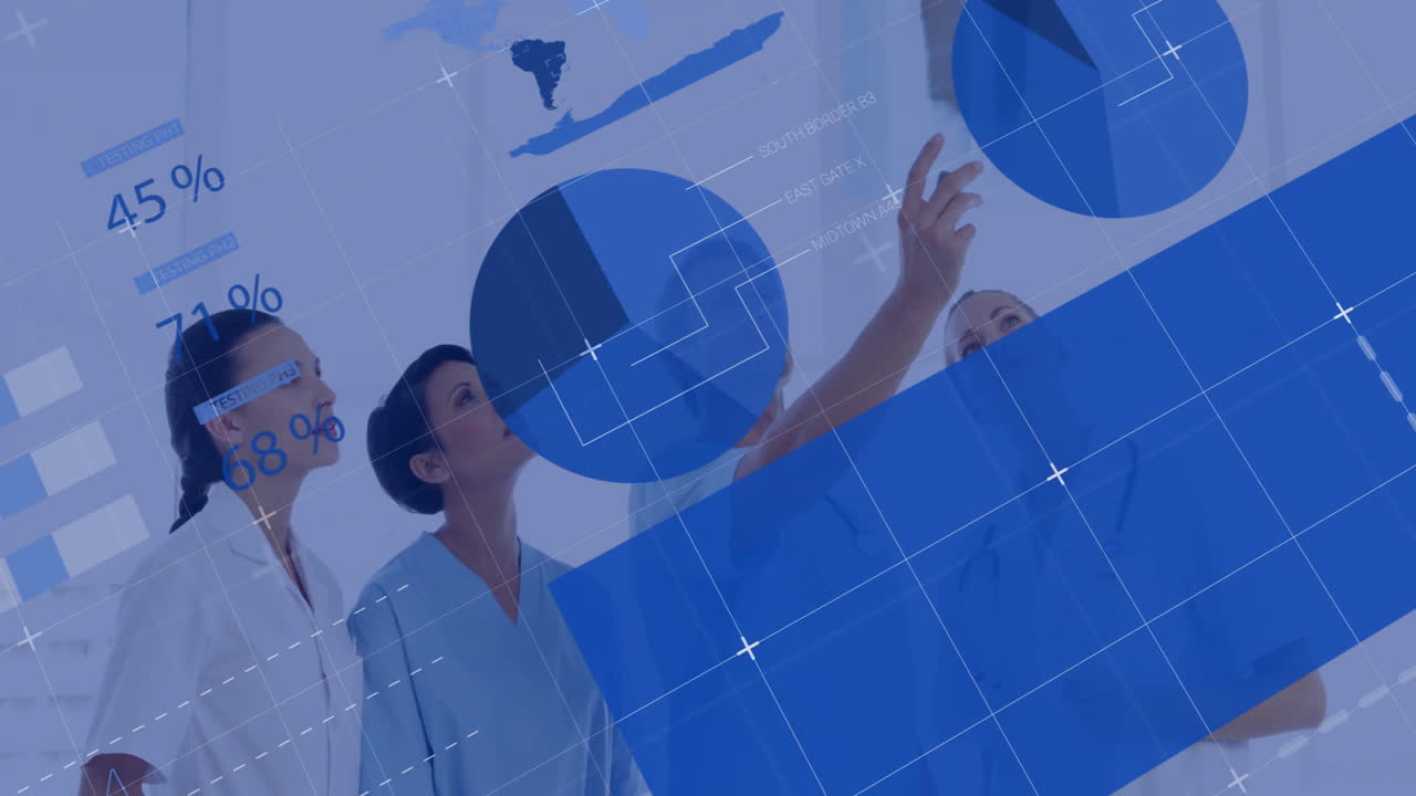 Analyzing data charts and graphs, business professionals in modern office setting