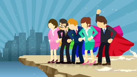 superhero business team standing on cliff ready for challenge. business team symbol. teamwork and success concept. comic loop animation.