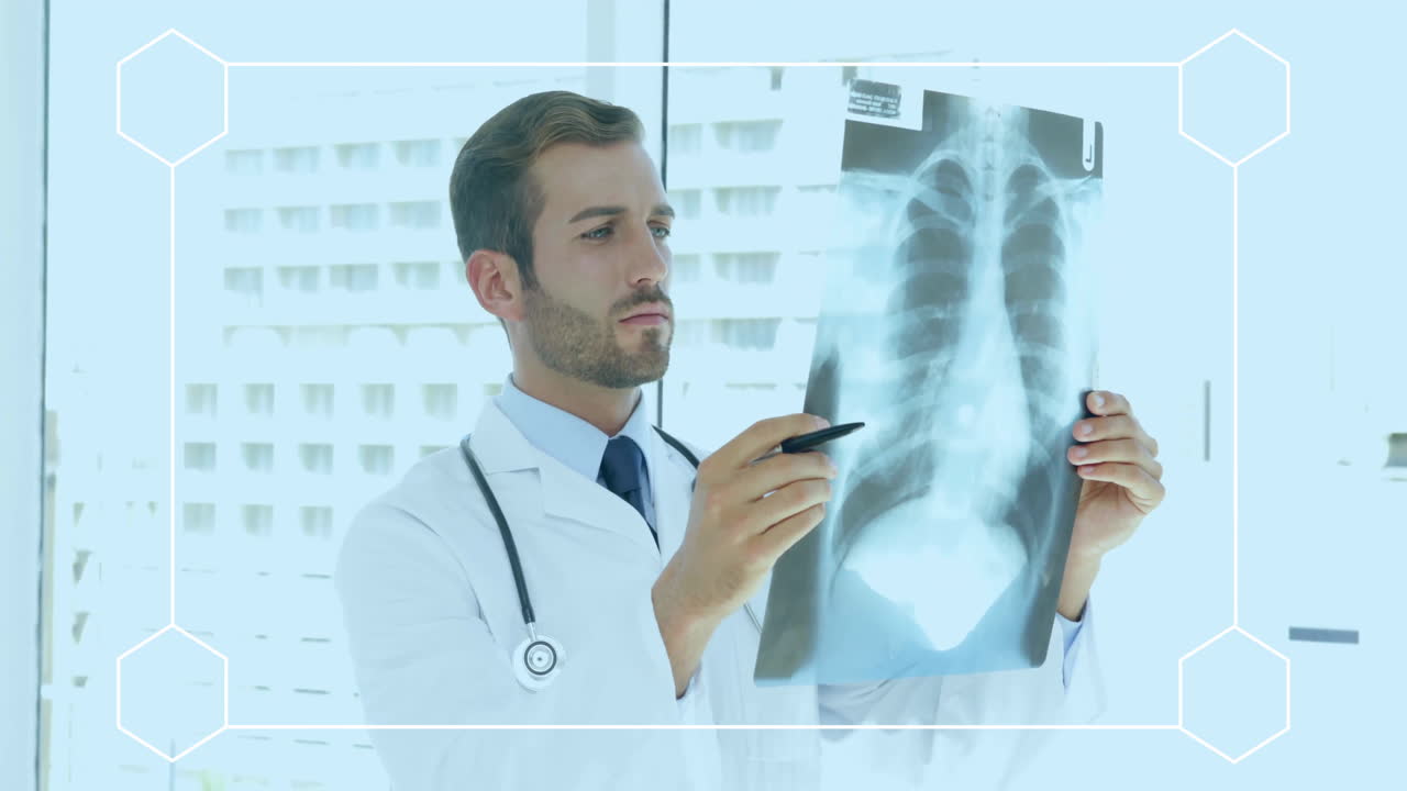 Doctor examining chest X-ray over medical animation with hexagonal shapes