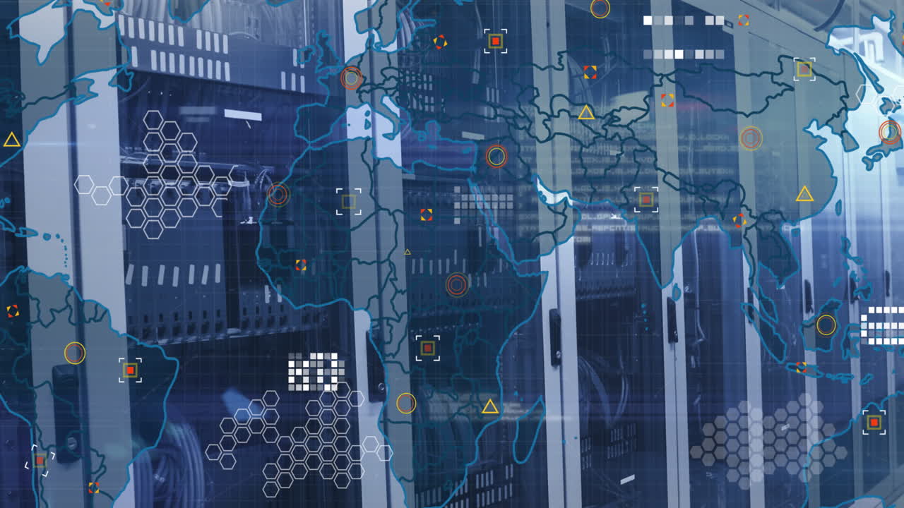 Animation of map and circuit board pattern over lens flares on server racks in server room
