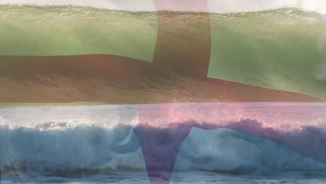 animación de la bandera de inglaterra soplando sobre las olas en el mar