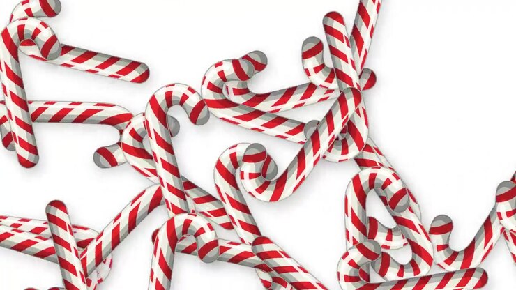 Animated red and white striped candy canes fall and bounce against a clean white background.