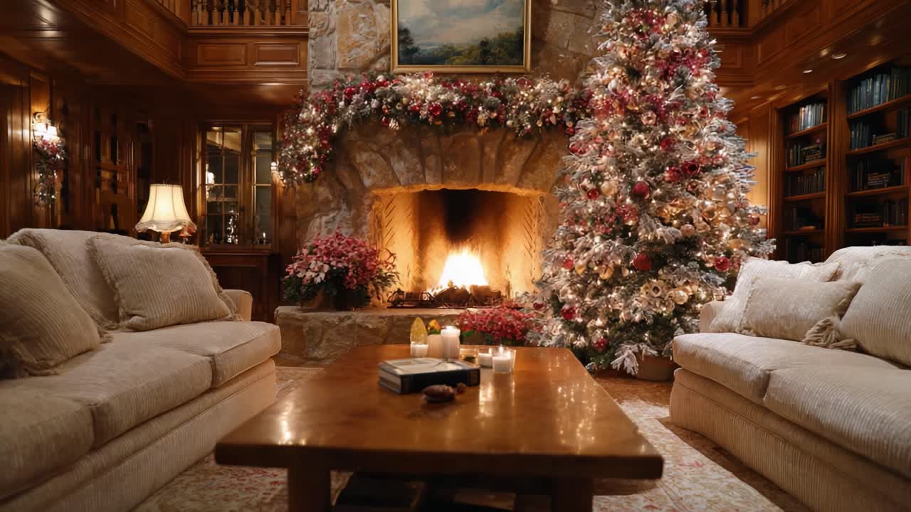 A Cozy, Festively Decorated Living Room Featuring a Beautifully Adorned Christmas Tree and a Warm Fireplace Creating a Holiday Atmosphere