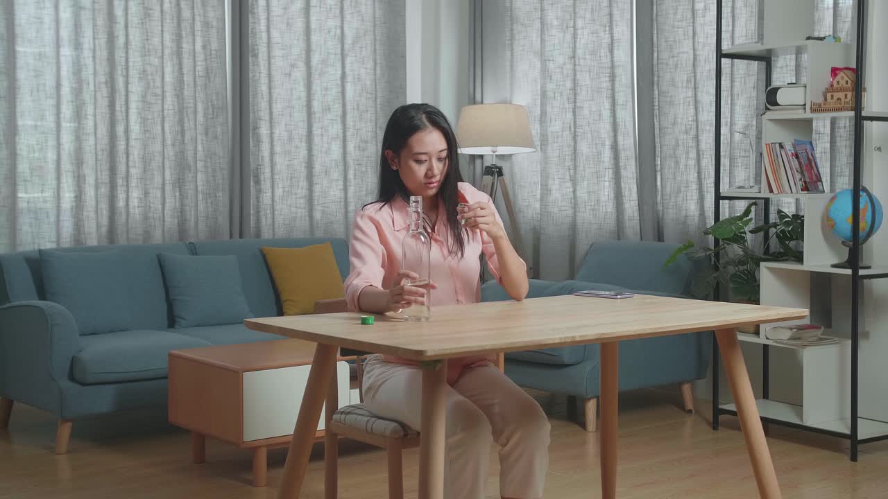 술에 취한 우울한 아시아 여성이 술을 마시기 전에 글라스에 보드카를 부어 집에서 울고 있습니다.
