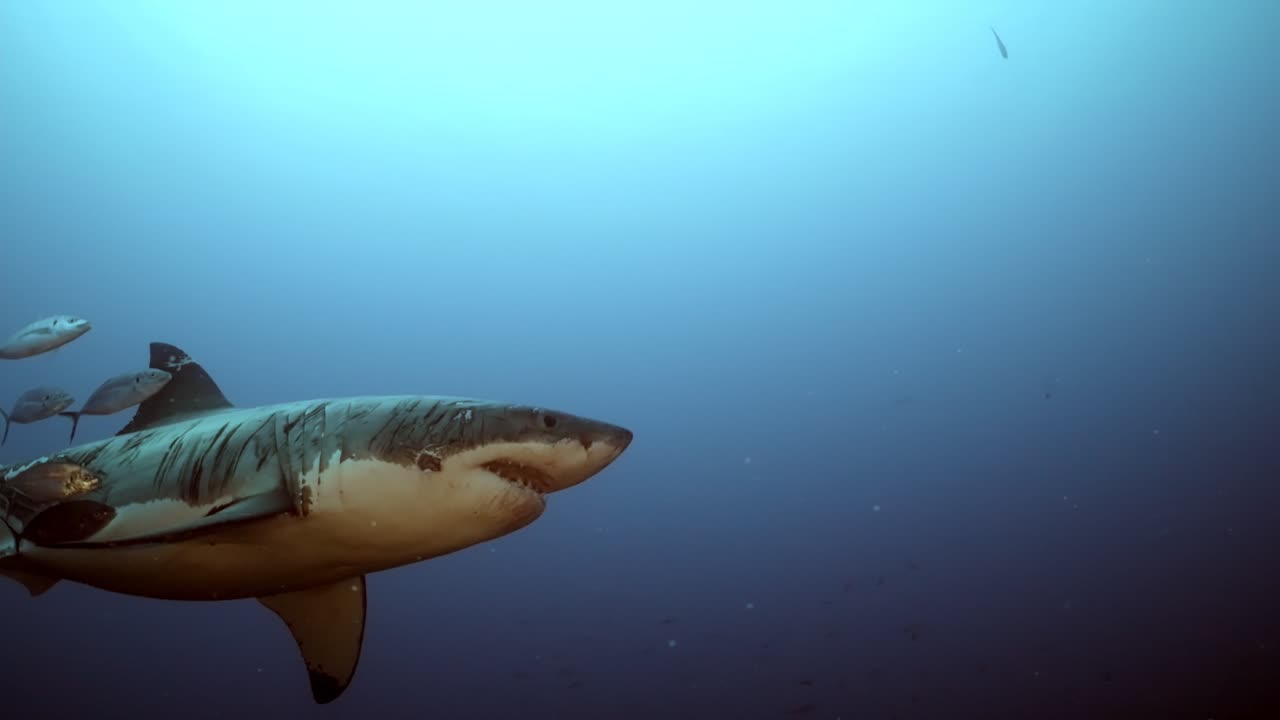 gran tiburón blanco con cicatrices de batalla carcharodon carcharias 4k primer plano de tiburón con cicatrices islas neptuno sur de australia