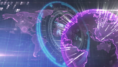 animation of digital globe with glowing continents and data processing on world map