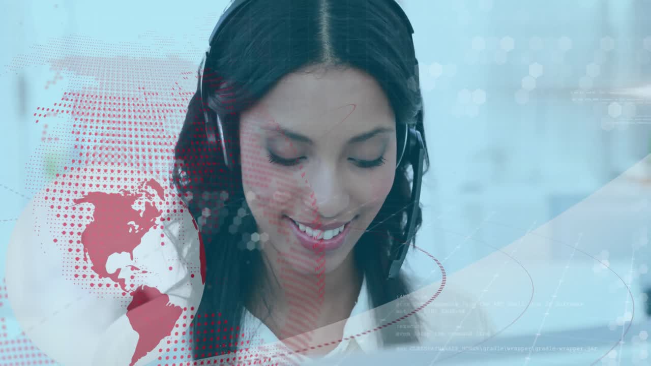 전화 헤드을 사용하는 두 인종 사업가 여성의 전 세계 애니메이션