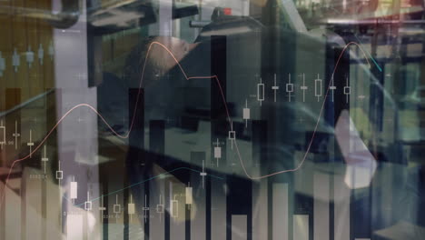 animation of network of connections and data processing over man exercising in gym