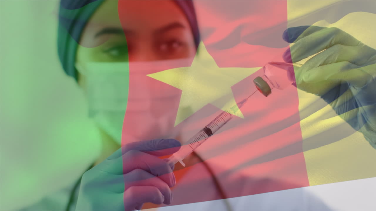 카메룬의  ⁇ 발이 아프리카계 미국인 여성 의사가 얼굴 마스크를 쓰고 있는 애니메이션