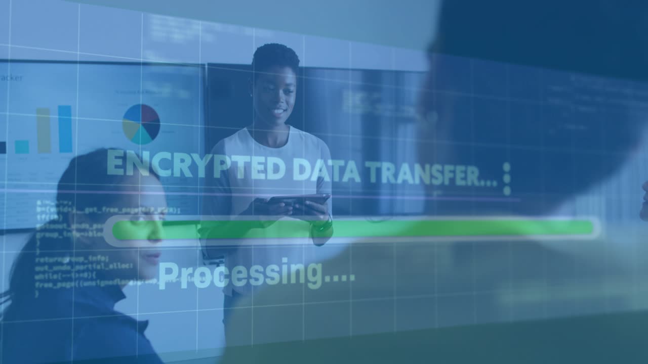 Business presenter tapping tablet and showing processing overlay tracking secure transfer progress