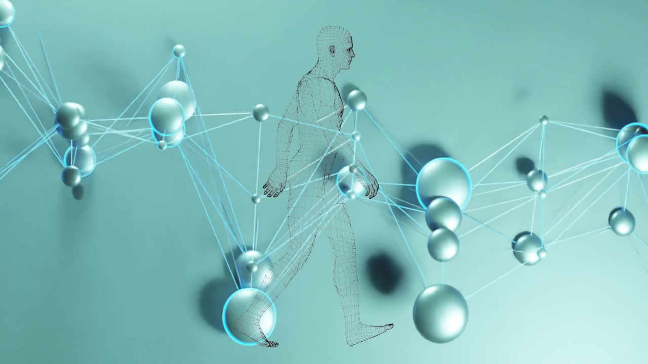 녹색 바탕에 연결 네트워크를 통해 디지털 인간 모델의 애니메이션