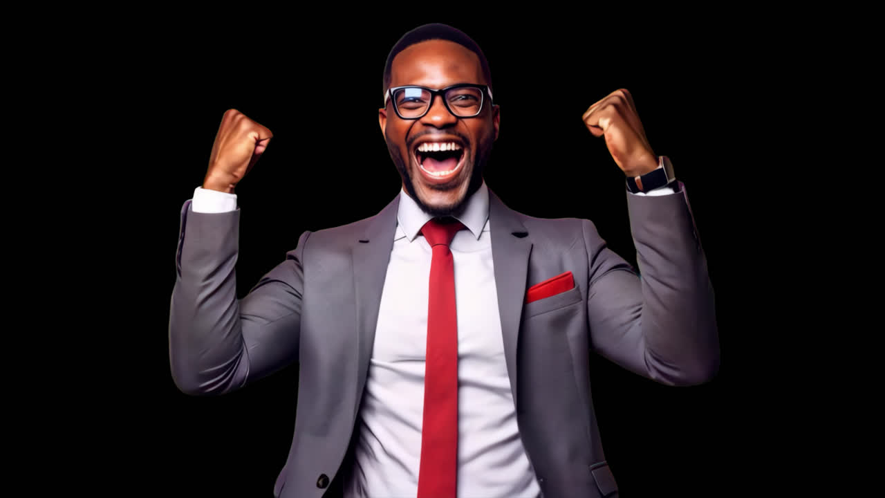 Joyful successful businessman celebrating animation isolated asset, transparent 4K video, alpha