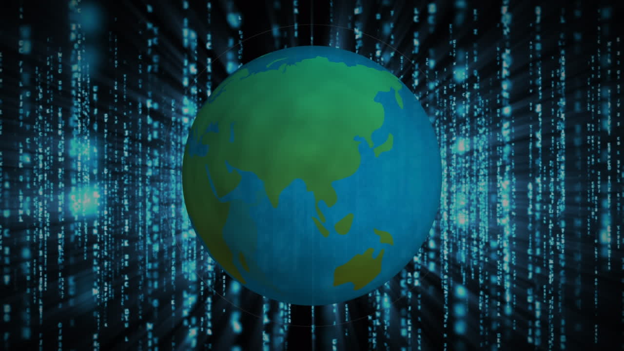 Animation of red flying lights over globe and data processing